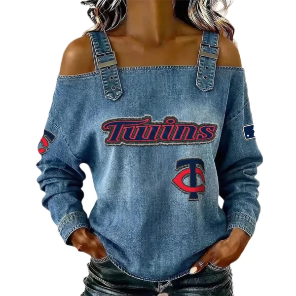 Minnesota Twins Women's Off-Shoulder Long Sleeve Top Shoulder Straps