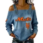 New York Mets Women's Off-Shoulder Long Sleeve Top Shoulder Straps