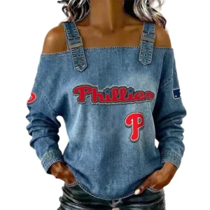 Philadelphia Phillies Women's Off-Shoulder Long Sleeve Top Shoulder Straps