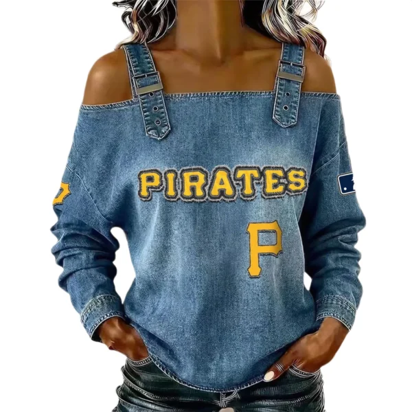 Pittsburgh Pirates Women's Off-Shoulder Long Sleeve Top Shoulder Straps