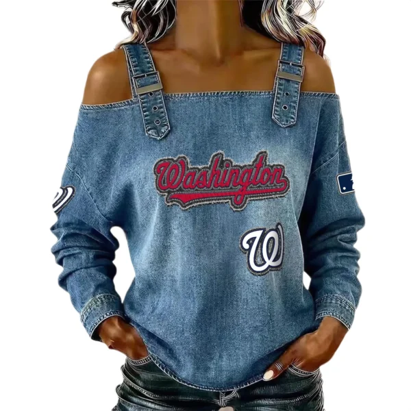 Washington Nationals Women's Off-Shoulder Long Sleeve Top Shoulder Straps