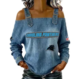 Carolina Panthers Women's Off-Shoulder Long Sleeve Top with Shoulder Straps