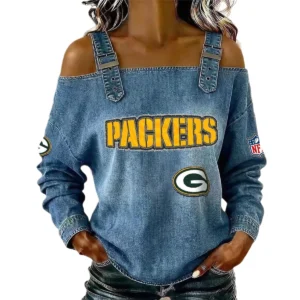 Green Bay Packers Women's Off-Shoulder Long Sleeve Top with Shoulder Straps