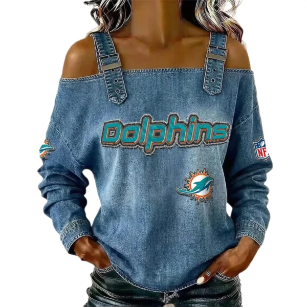 Miami Dolphins Women's Off-Shoulder Long Sleeve Top with Shoulder Straps