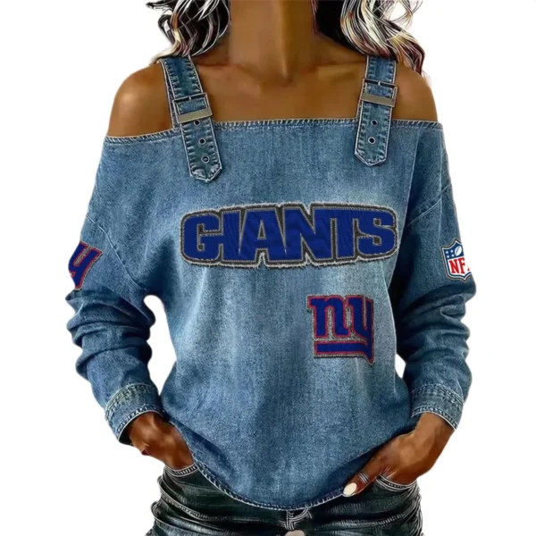 New York Giants Women's Off-Shoulder Long Sleeve Top with Shoulder Straps