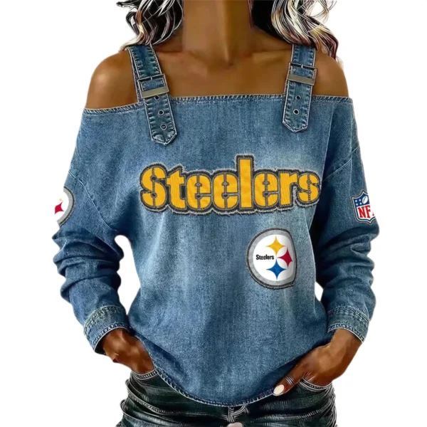 Pittsburgh Steelers Women's Off-Shoulder Long Sleeve Top with Shoulder Straps
