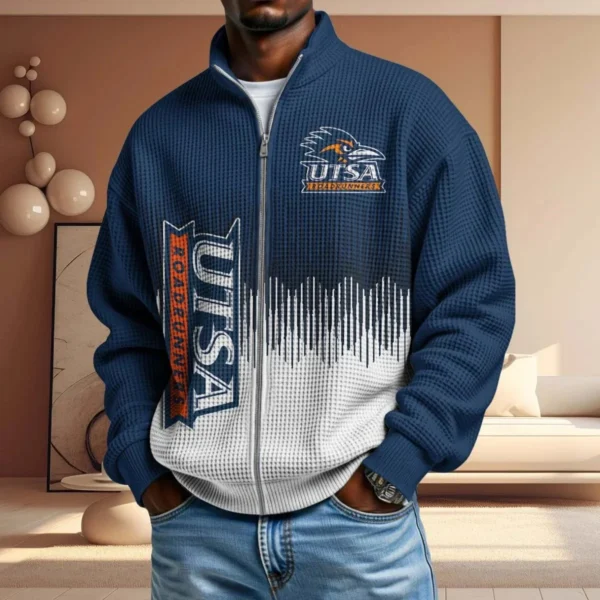 UTSA Roadrunners Men’s Full Zip Waffle Knit Long Sleeve Sweatshirt
