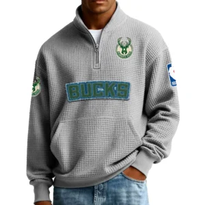 Milwaukee Bucks Men’s Quarter Zip Pullover Sweatshirt Waffle Knit Pocket New 2026 Limited