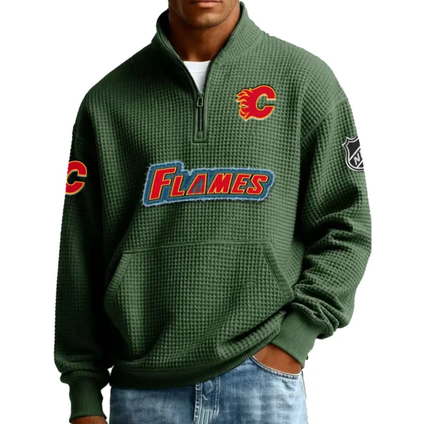 Calgary Flames Men’s Quarter Zip Pullover Sweatshirt Waffle Knit Pockets 2026 Limited