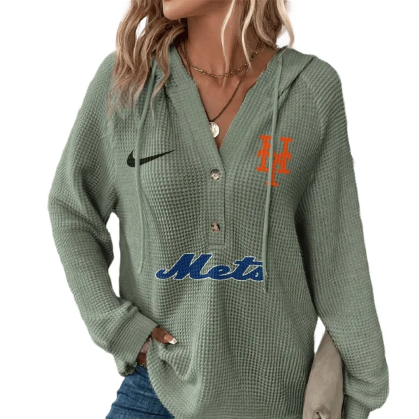 New York Mets Women’s Waffle Knit V-Neck Hoodie