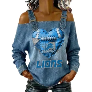 Detroit Lions Women's Off-Shoulder Long Sleeve Top Shoulder Straps Limited