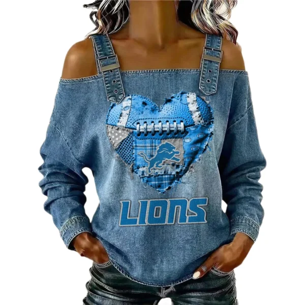 Detroit Lions Women's Off-Shoulder Long Sleeve Top Shoulder Straps Limited