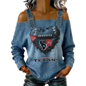 Houston Texans Women's Off-Shoulder Long Sleeve Top Shoulder Straps Limited