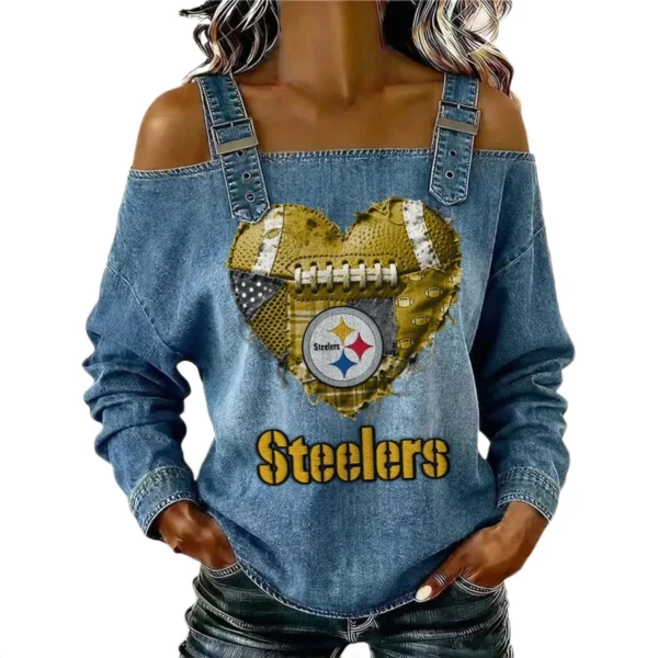 Pittsburgh Steelers Women's Off-Shoulder Long Sleeve Top Shoulder Straps Limited