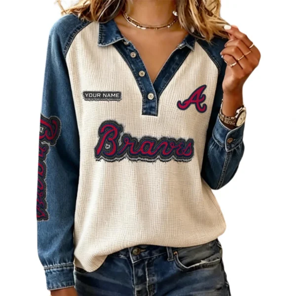 Atlanta Braves Women’s Contrast Patchwork Waffle Long Sleeve Shirt Personalize Name