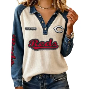 Cincinnati Reds Women’s Contrast Patchwork Waffle Long Sleeve Shirt Personalize Name