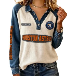Houston Astros Women’s Contrast Patchwork Waffle Long Sleeve Shirt Personalize Name