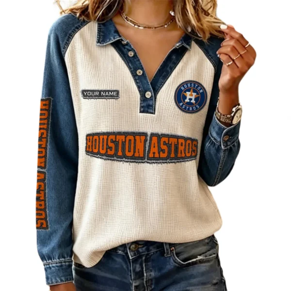 Houston Astros Women’s Contrast Patchwork Waffle Long Sleeve Shirt Personalize Name