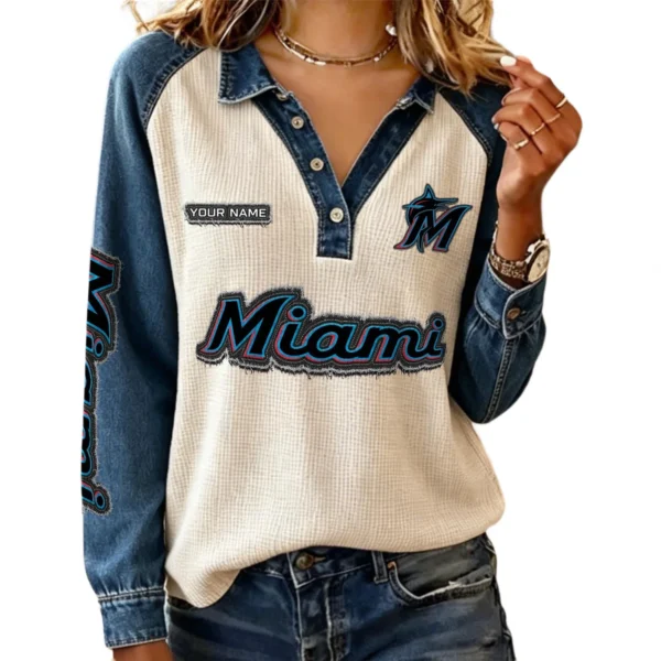Miami Marlins Women’s Contrast Patchwork Waffle Long Sleeve Shirt Personalize Name