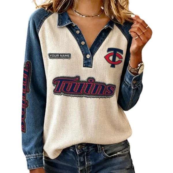 Minnesota Twins Women’s Contrast Patchwork Waffle Long Sleeve Shirt Personalize Name