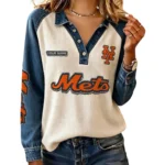 New York Mets Women’s Contrast Patchwork Waffle Long Sleeve Shirt Personalize Name