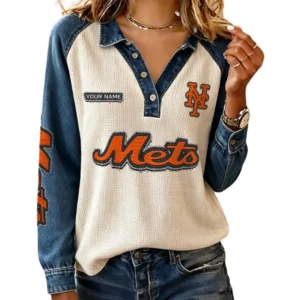 New York Mets Women’s Contrast Patchwork Waffle Long Sleeve Shirt Personalize Name