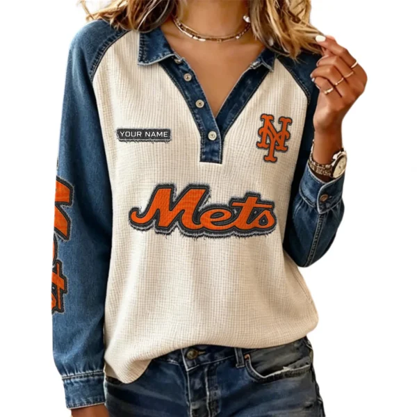 New York Mets Women’s Contrast Patchwork Waffle Long Sleeve Shirt Personalize Name