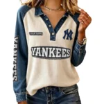 New York Yankees Women’s Contrast Patchwork Waffle Long Sleeve Shirt Personalize Name