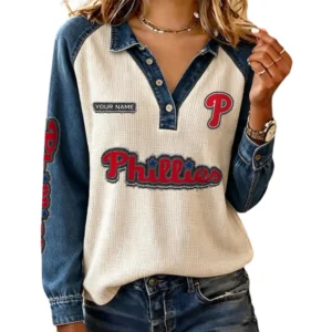 Philadelphia Phillies Women’s Contrast Patchwork Waffle Long Sleeve Shirt Personalize Name