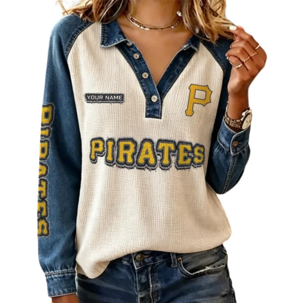 Pittsburgh Pirates Women’s Contrast Patchwork Waffle Long Sleeve Shirt Personalize Name