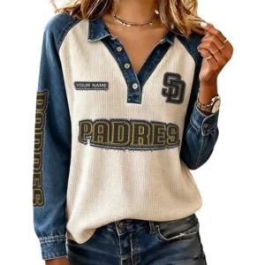 San Diego Padres Women’s Contrast Patchwork Waffle Long Sleeve Shirt Personalize Name
