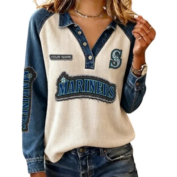 Seattle Mariners Women’s Contrast Patchwork Waffle Long Sleeve Shirt Personalize Name