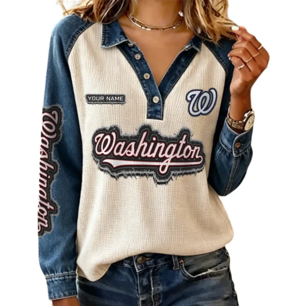 Washington Nationals Women’s Contrast Patchwork Waffle Long Sleeve Shirt Personalize Name
