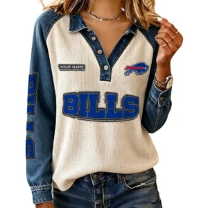 Buffalo Bills Women’s Contrast Patchwork Waffle Long Sleeve Shirt Personalize Name