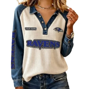 Baltimore Ravens Women’s Contrast Patchwork Waffle Long Sleeve Shirt Personalize Name