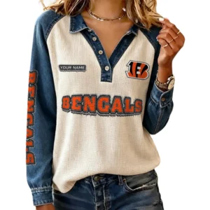 Cincinnati Bengals Women’s Contrast Patchwork Waffle Long Sleeve Shirt Personalize Name