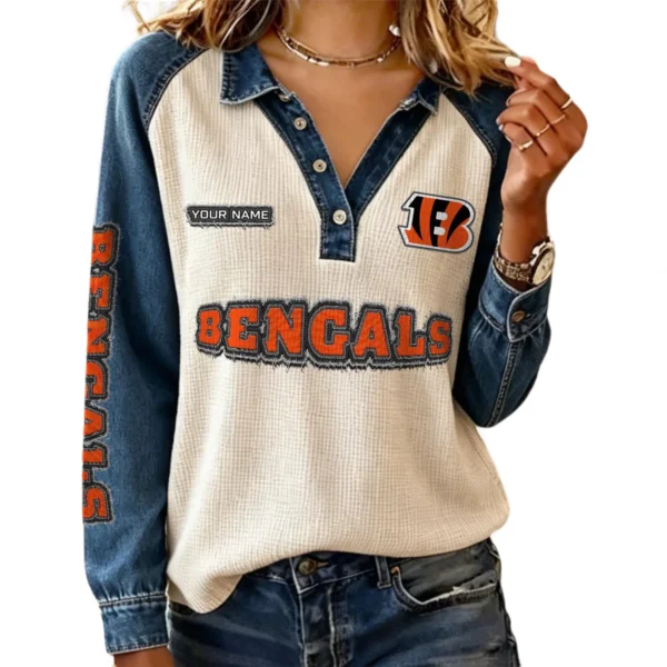 Cincinnati Bengals Women’s Contrast Patchwork Waffle Long Sleeve Shirt Personalize Name