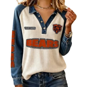 Chicago Bears Women’s Contrast Patchwork Waffle Long Sleeve Shirt Personalize Name