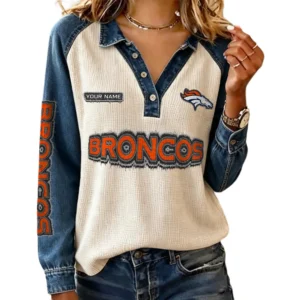 Denver Broncos Women’s Contrast Patchwork Waffle Long Sleeve Shirt Personalize Name
