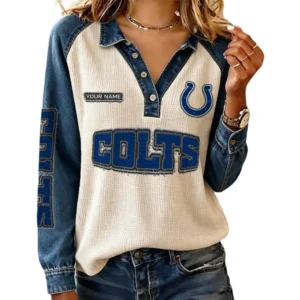 Indianapolis Colts Women’s Contrast Patchwork Waffle Long Sleeve Shirt Personalize Name