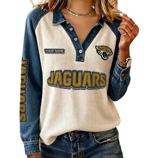 Jacksonville Jaguars Women’s Contrast Patchwork Waffle Long Sleeve Shirt Personalize Name
