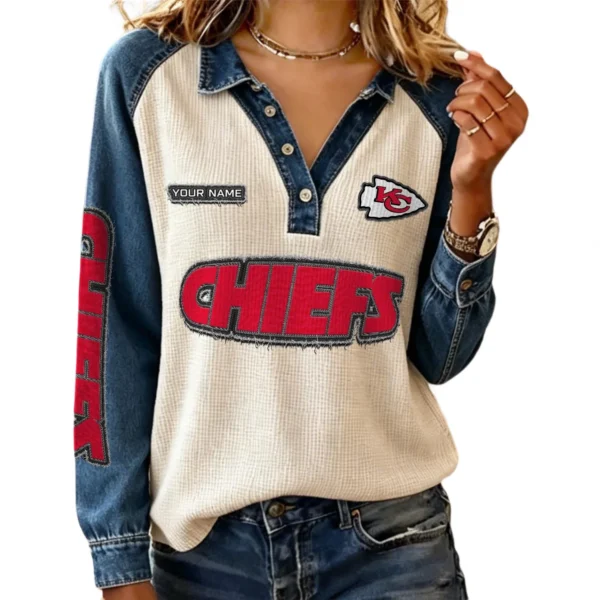 Kansas City Chiefs Women’s Contrast Patchwork Waffle Long Sleeve Shirt Personalize Name