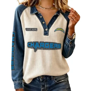 Los Angeles Chargers Women’s Contrast Patchwork Waffle Long Sleeve Shirt Personalize Name