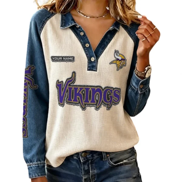 Minnesota Vikings Women’s Contrast Patchwork Waffle Long Sleeve Shirt Personalize Name