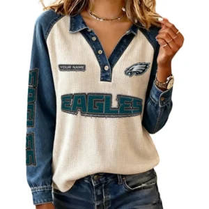 Philadelphia Eagles Women’s Contrast Patchwork Waffle Long Sleeve Shirt Personalize Name