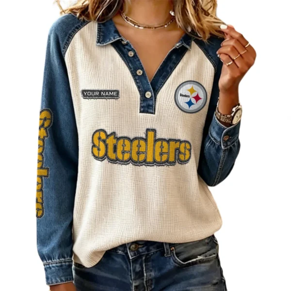 Pittsburgh Steelers Women’s Contrast Patchwork Waffle Long Sleeve Shirt Personalize Name