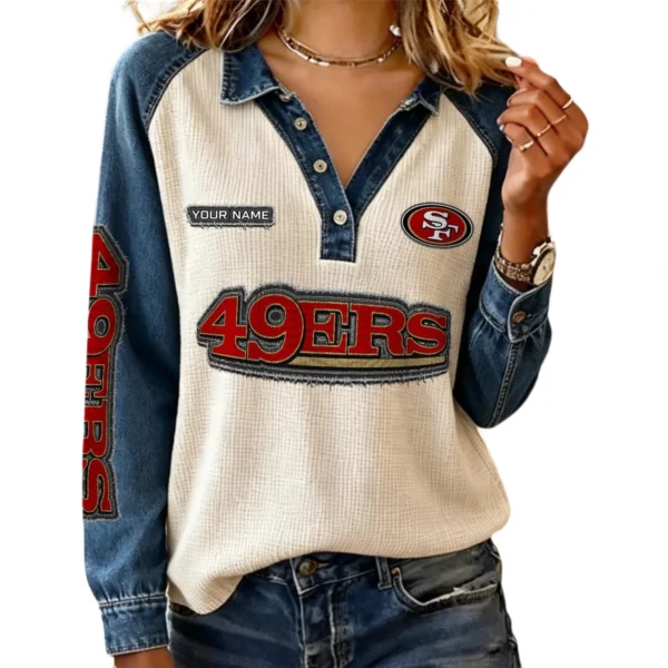 San Francisco 49ers Women’s Contrast Patchwork Waffle Long Sleeve Shirt Personalize Name
