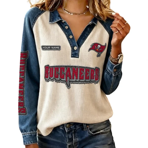 Tampa Bay Buccaneers Women’s Contrast Patchwork Waffle Long Sleeve Shirt Personalize Name