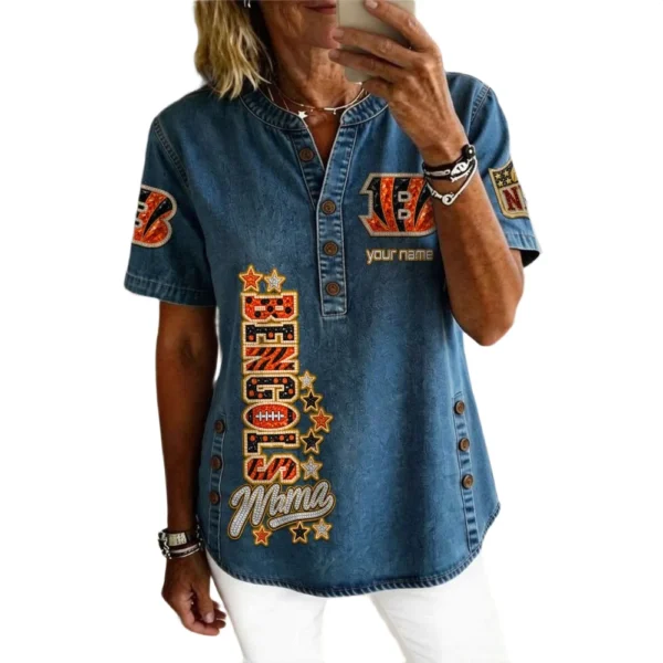 Cincinnati Bengals Women’s Short Sleeve V-Neck Button-Down Tunic Top Personalize Name