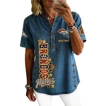 Denver Broncos Women’s Short Sleeve V-Neck Button-Down Tunic Top Personalize Name